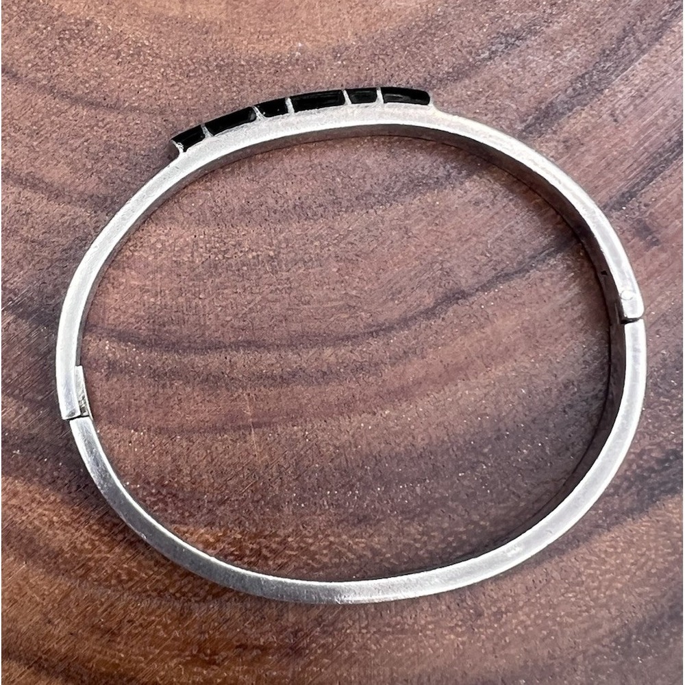Vtg TAXCO Mexico Black Onyx Inlay Bangle Bracelet 925 Sterling Silver Hinged 24g - Picture 7 of 16